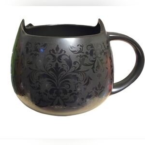 Cat Lady Box Black On Black Mug With Ears & Filigree All Over Pattern